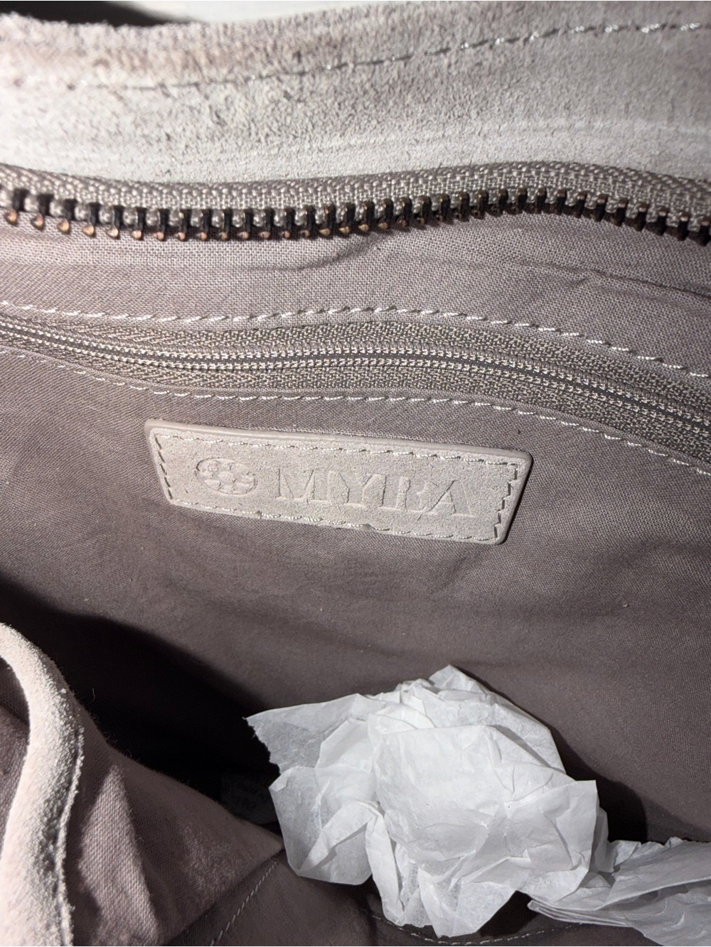 Myra Bag Gray Suede Fringe Shoulder Bag with Tan Trim - Picture 3 of 4